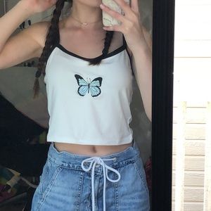 White Cotten tank top with butterfly embroidery!